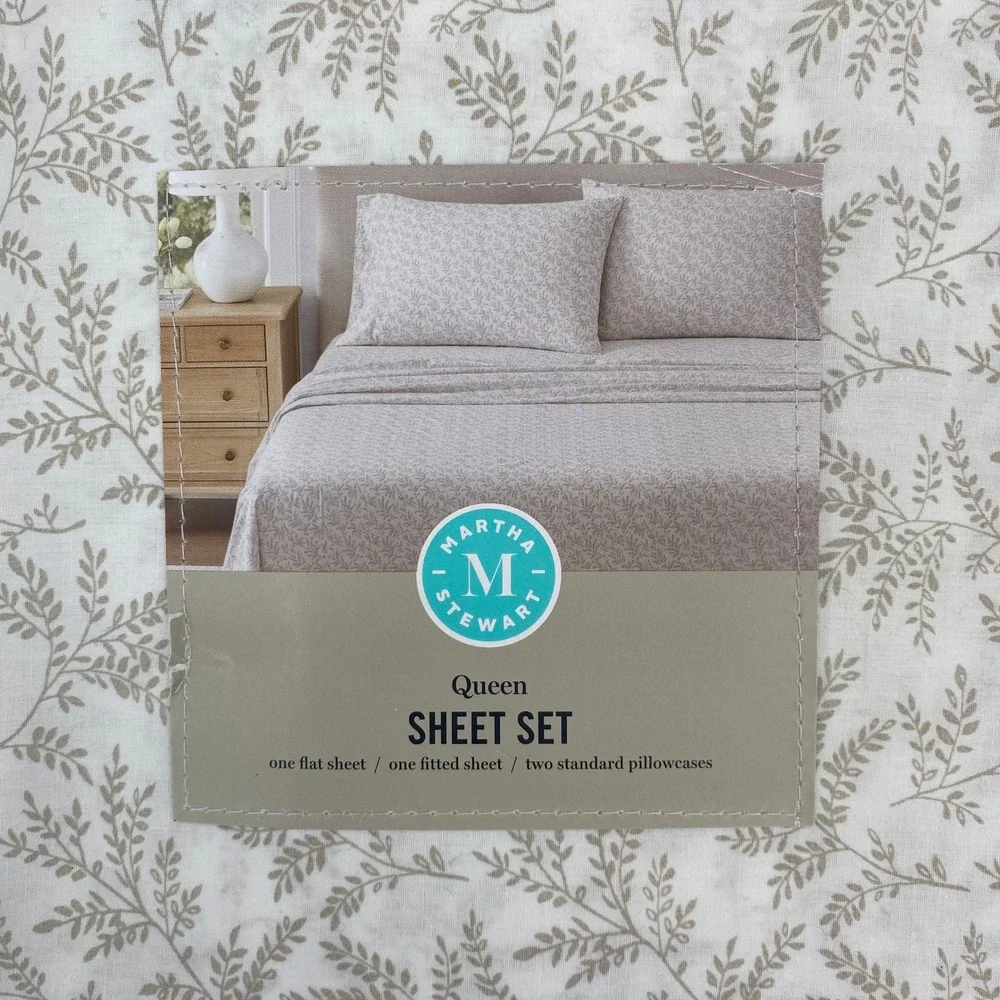 Martha Stewart Sheet Set Queen Sandcastle Tan White Cotton Botanical Vine 4pc